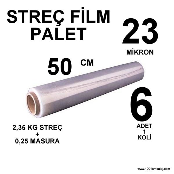 Streç Film Palet 50 Cm 23 Mikron (Kalin) 2,35 Kg + 0,25 Kg Şeffaf 6 Adet 1 Koli