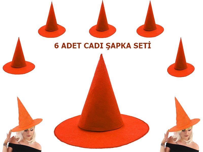 Turuncu Renk Keçe Cadı Şapkası Yetişkin Çocuk Uyumlu 6 Adet