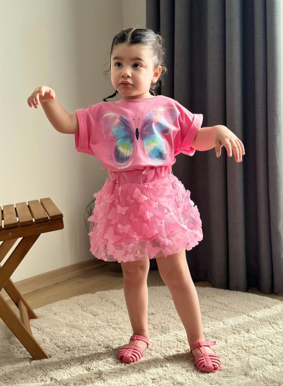 Kelebek detaylı 2li takım pembe