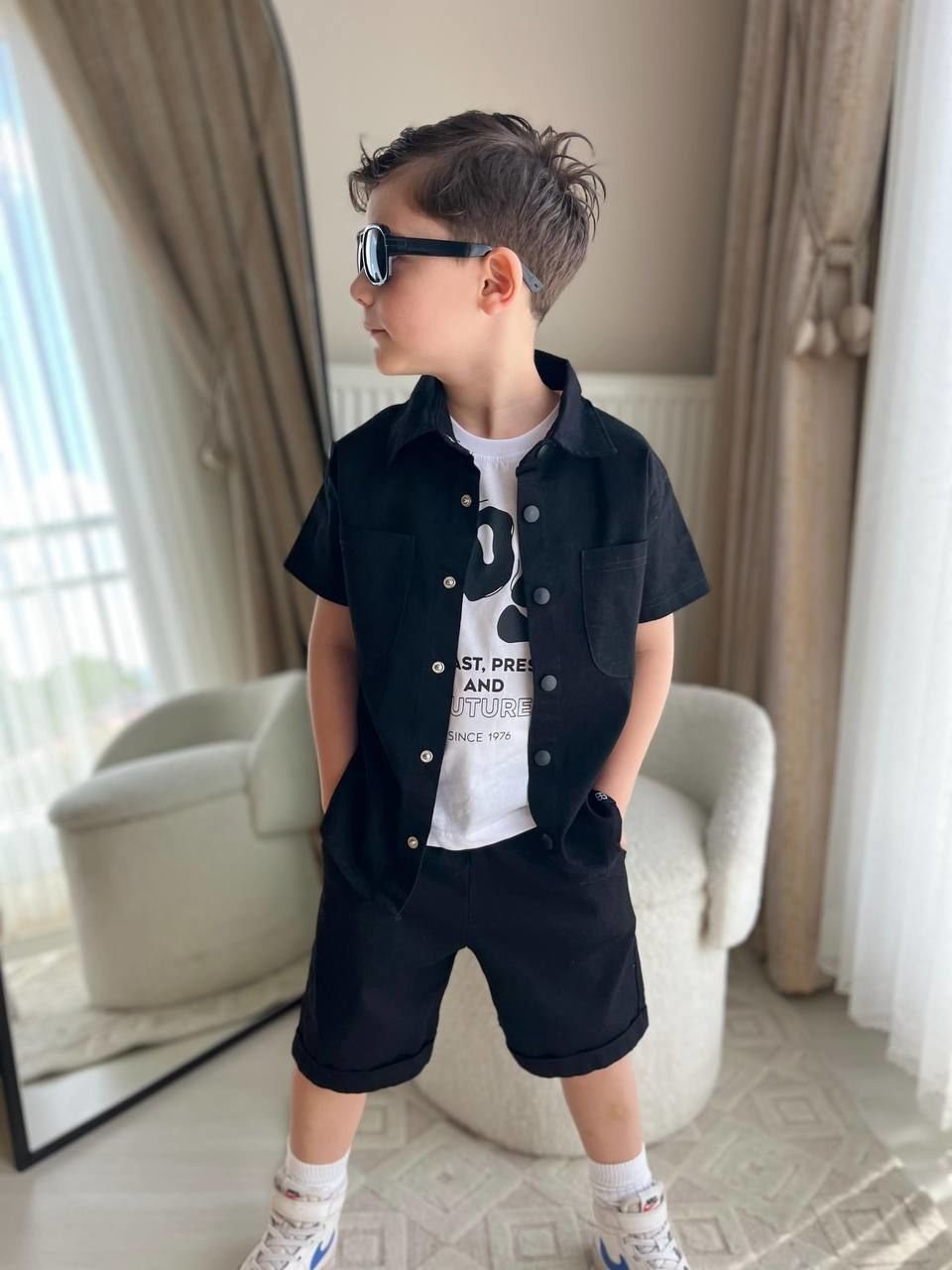 Gabardin şortlu 3lü set siyah
