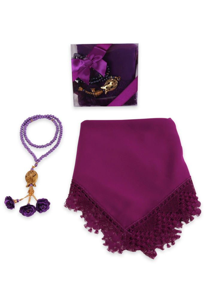 Asetat Set (Güpürlü Şal+İnci Tespih) MÜRDÜM