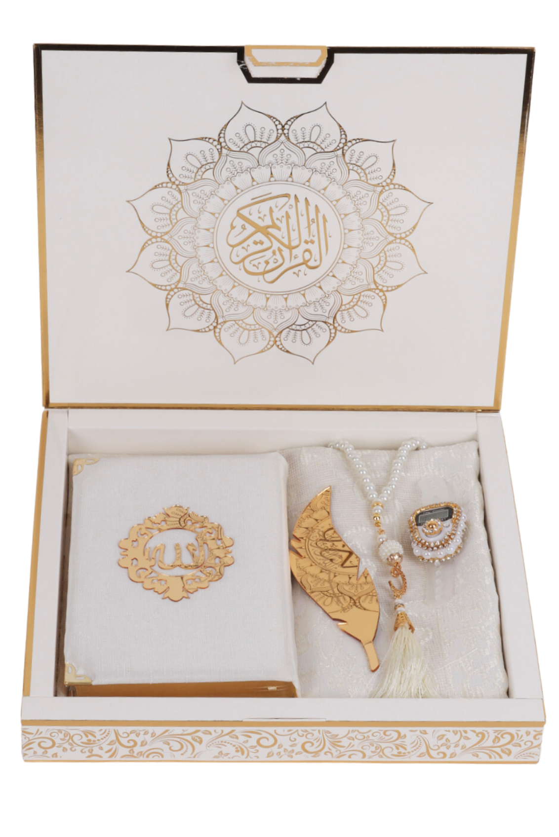 HİRA SERİSİ (Kuran+Pamuk Seccade+inci vavlı Tespih+Taşlı Zikirmatik+Ayraç) KREM