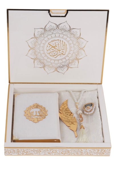 HİRA SERİSİ (Kuran+Pamuk Seccade+inci vavlı Tespih+Taşlı Zikirmatik+Ayraç) KREM