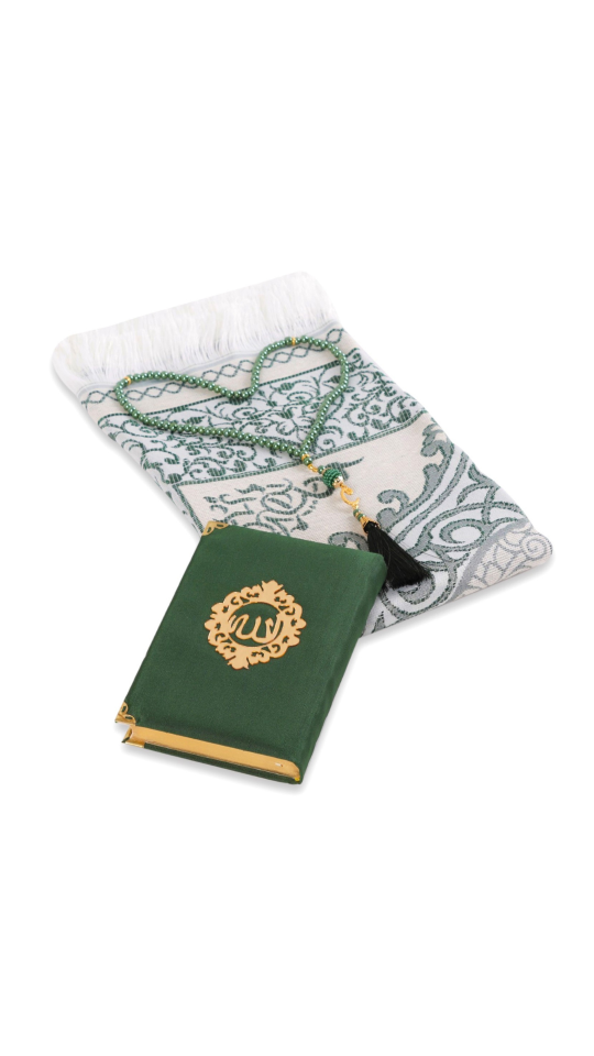 ASEL SERİSİ KUTULU (Pamuk Seccade+İnci Tespih+Şantuk Kuran) No:1 YEŞİL