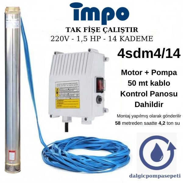İmpo 4SDM4/14 Dalgıç Pompa Set Halinde - 50 mt Kablolu - Panolu - Monofaze (220V)