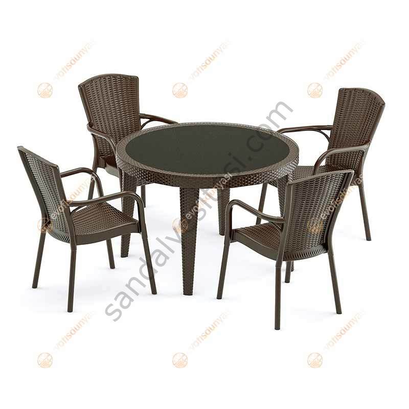 Cıtyal 110 cm Rattan 4 Kişilik Camlı Masa Takımı Kahve