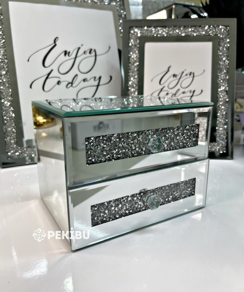 AYNALI MÜCEVHER KUTUSU SWAROVSKİ TAŞLI ÇEKMECELİ GÜMÜŞ