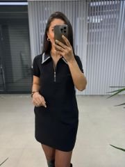 Ms Yaka Taşlı Siyah Kalem Elbise