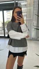 Poplin Detaylı Taşlı Gri Sweat