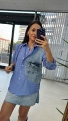 Denim Detaylı Mavi Çizgili Gömlek