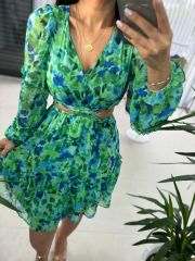 My 3256 Yeşil Saks Geçişli Tasarım Şifon Elbise