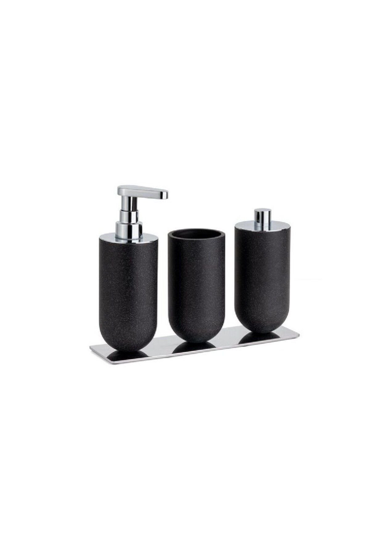 3'Lü Set Sıvı Sabunluk-Diş Fırçalığı-Pamukluk Siyah/Krom Renk 206X87X265 mm