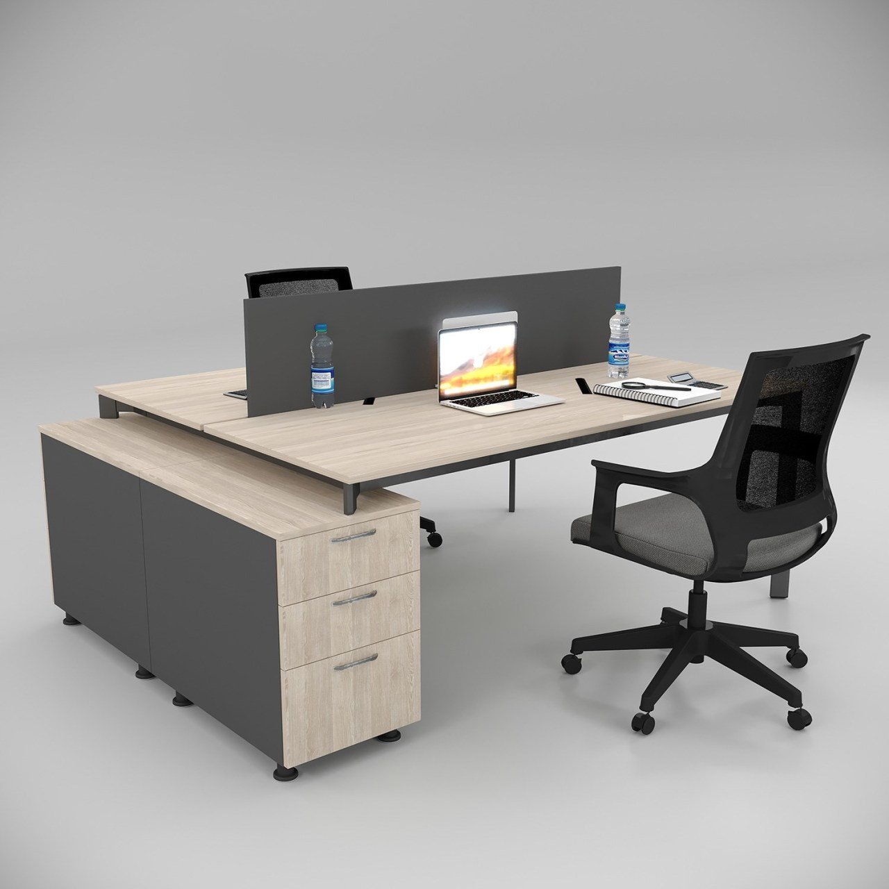 Akr Ofis  Corner İkili 140cm Alt Etajerli Çalışma Masası Workstation Meşe