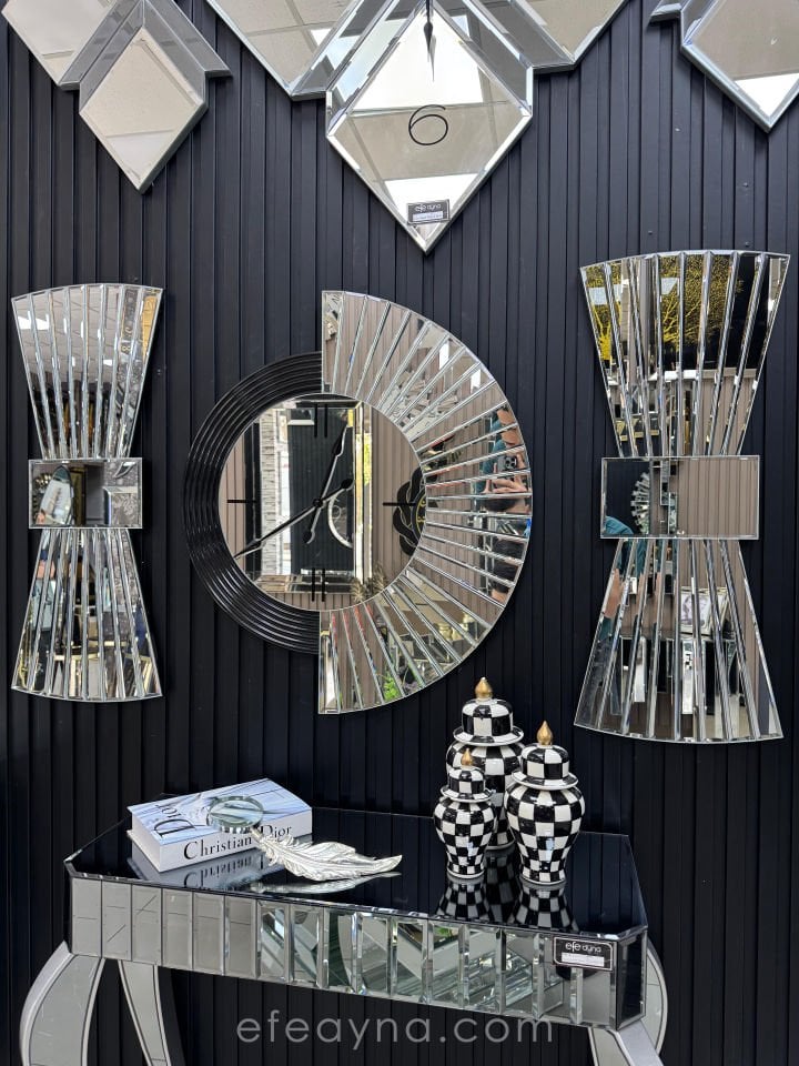 YELPAZE DUVAR SAATİ & PAPYON MODEL GÜMÜŞ AYNA 3'LÜ SET