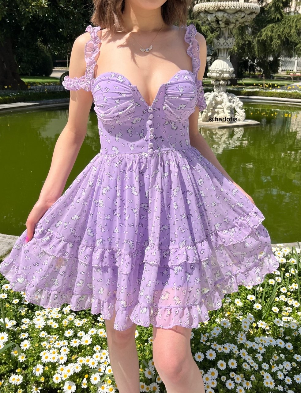 Lila Çiçek Desenli Fırfırlı Elbise