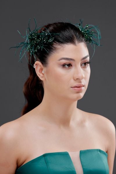 KRİSTAL BONCUKLU GELİN DÜĞÜN KINA  NİŞAN NİKAH TACI YEŞİL  ST751