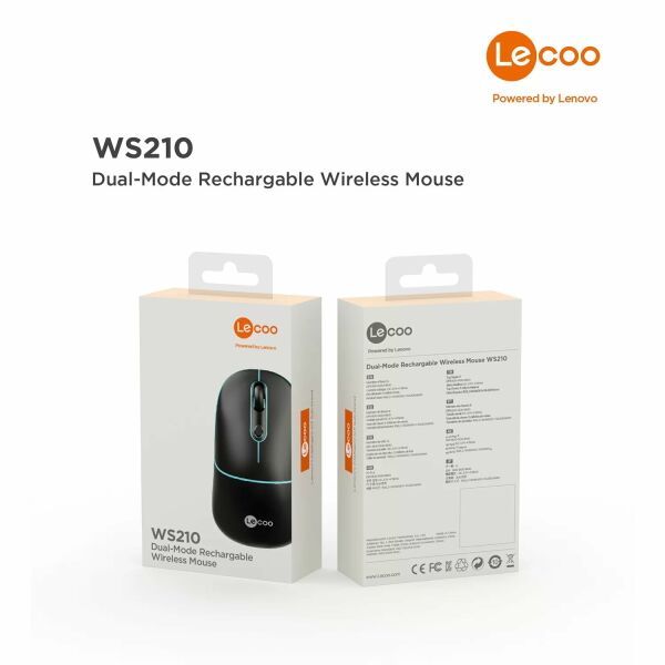 Lenovo Lecoo WS210 Dual Mod RGB 2.4GHz WiFi + Bluetooth 1600DPI Şarjlı Sessiz Kablosuz Optik Mouse Siyah