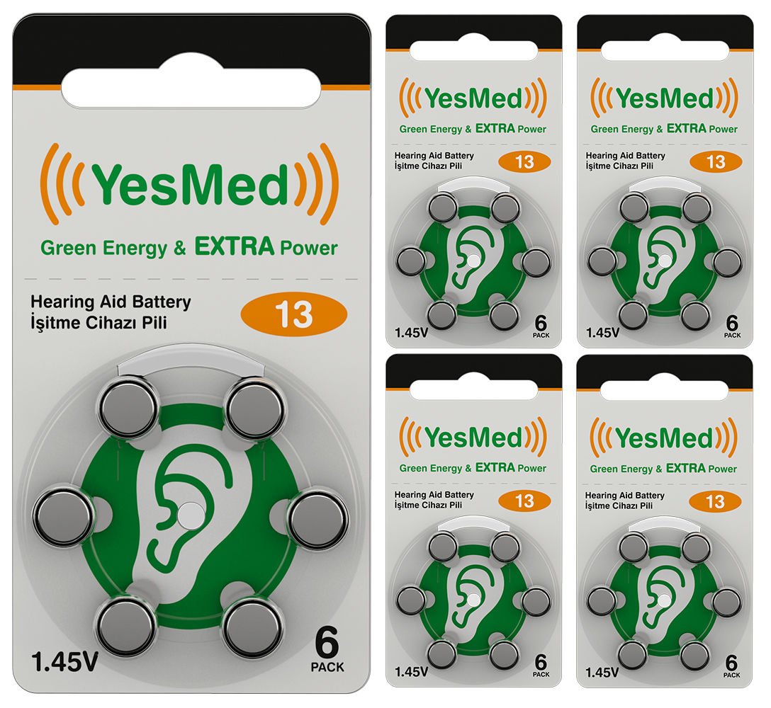 YesMed Extra Power 13 Numara İşitme Cihazı Pili, Kulaklık Pili, Duyma Pili, Kulak Pili, Kulak Cihazı Pili (5 Paket x 6 Adet = 30 Adet Pil)