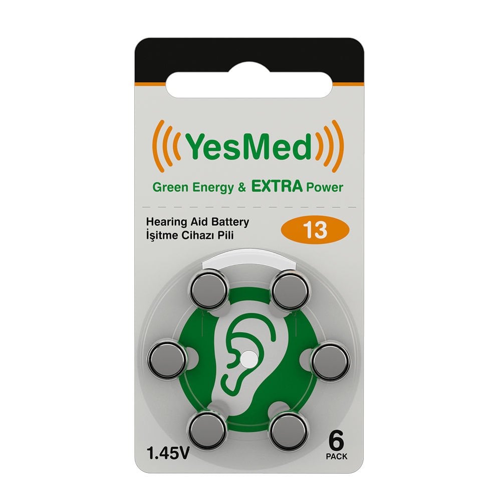 YesMed Extra Power 13 Numara İşitme Cihazı Pili, Kulaklık Pili, Duyma Pili, Kulak Pili, Kulak Cihazı Pili (1 Paket = 6 Adet Pil)