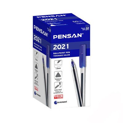 Pensan 2021 Üçgen Gövde Mavi 1.0 mm Tükenmez Kalem (50'li Paket)