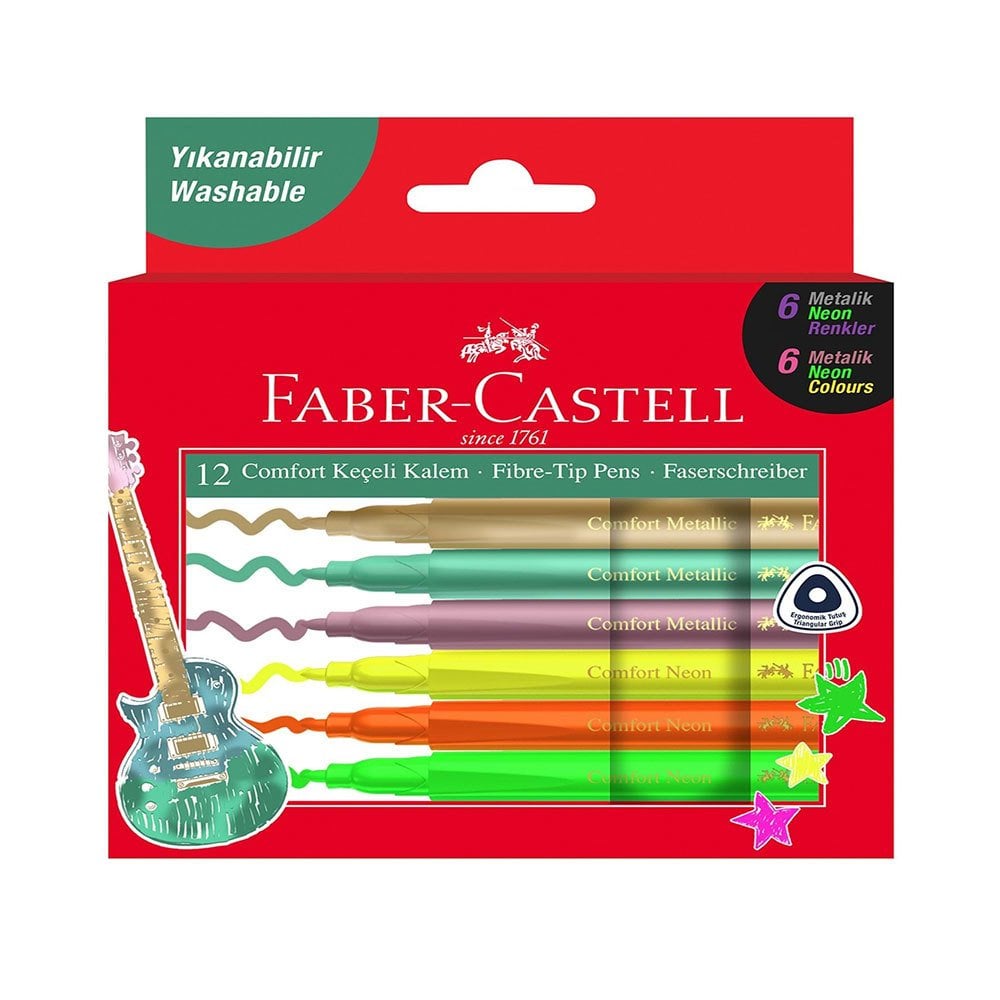 Faber Castell Comfort  Yıkanabilir Metalik ve Neon 12 Renk Keçeli Kalem