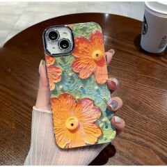 iPhone Çiçek Desenli Lens Korumalı Kılıf - Turuncu