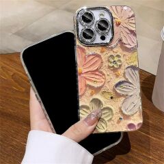 iPhone Çiçek Desenli Lens Korumalı Kılıf - Kum Pembe