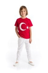 Erkek Çocuk Kırmızı Türk Bayraklı Tişört Beyaz Pantolon Takım - 23 Nisan Kıyafetleri