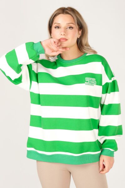 Kadın Sıfır Yaka Çizgili Sweatshirt Yeşil