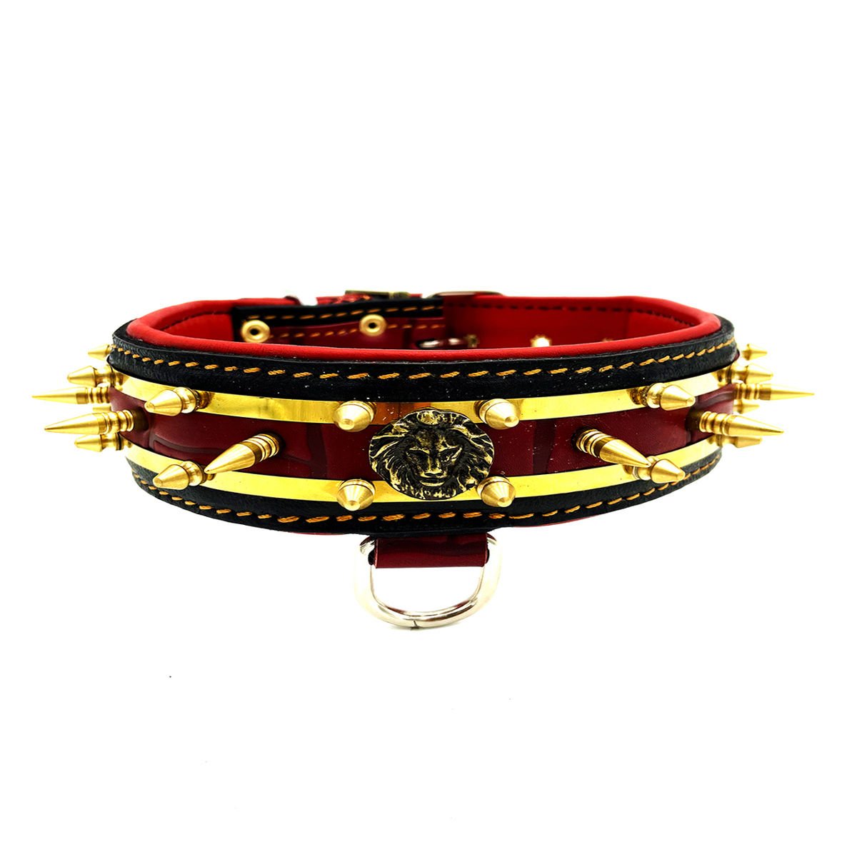 Red ''Cerberus'' Spiked Leather Dog Collar