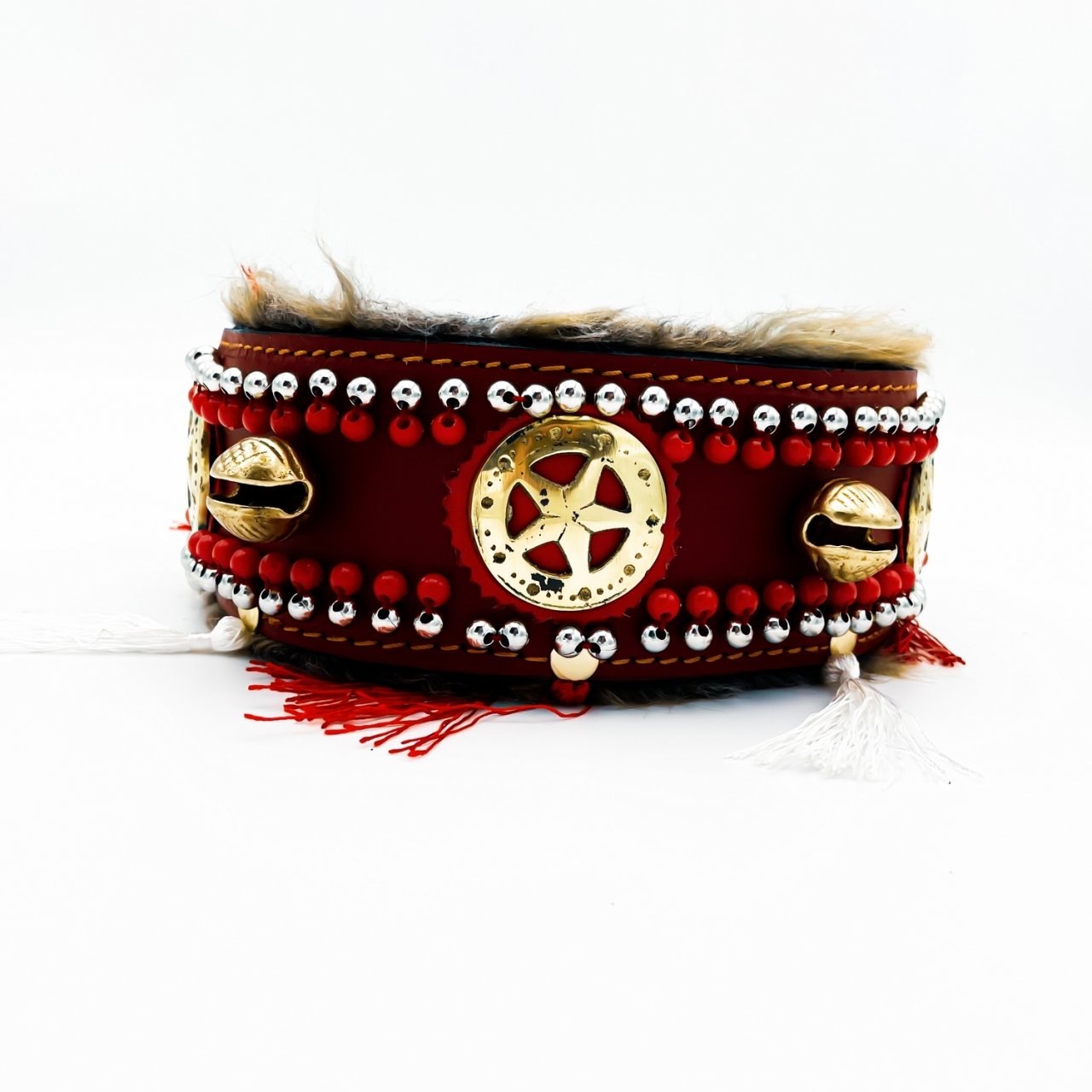 Red ''Yeti'' Bell Fur Leather Dog Collar