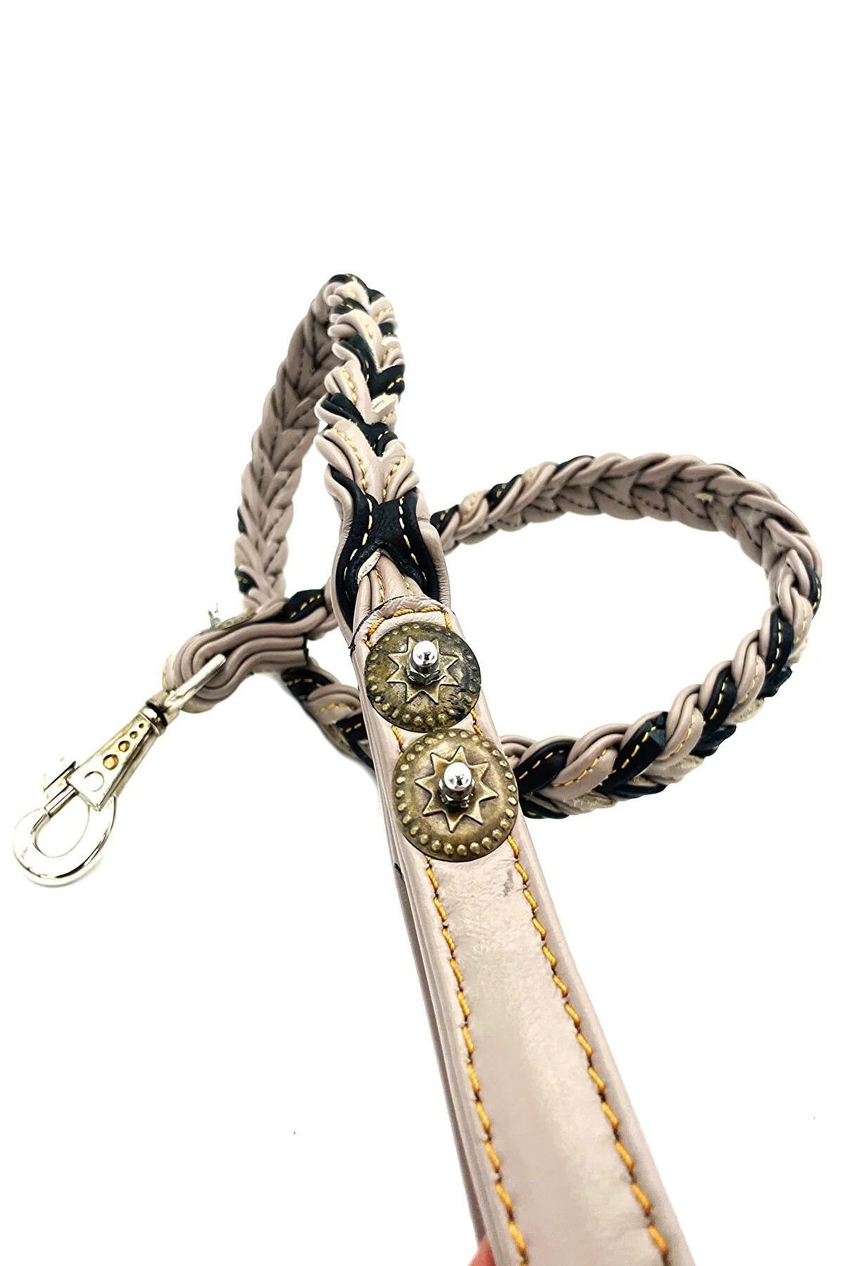 Black-Beige Braided Leather Dog Leash