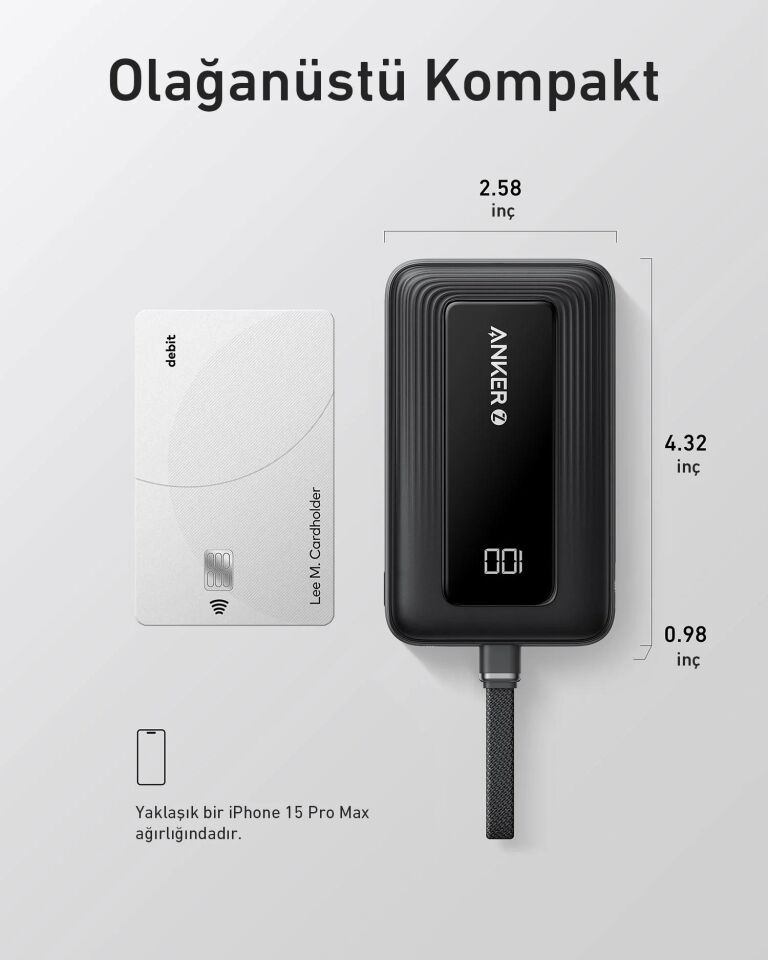 Anker Zolo Powerbank 10K 30W Dahili USB-C Kablo Siyah