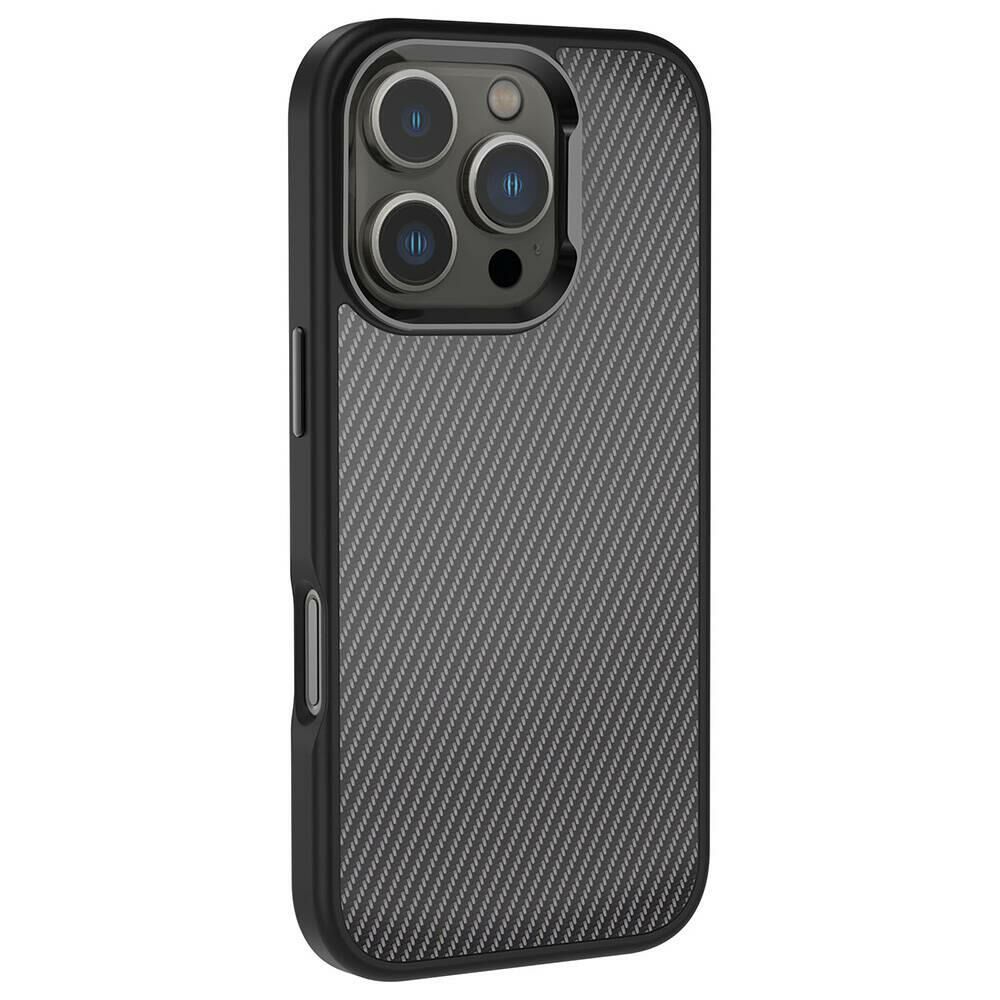 Apple iPhone 16 Pro Kılıf Karbon Fiber Görünümlü Parlak Kamera Çerçeveli Zore Venus Kapak Rose Black
