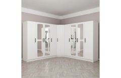 TESLA 9 Kapaklı Aynalı 4 Çekmeceli Köşe Dolap - Beyaz