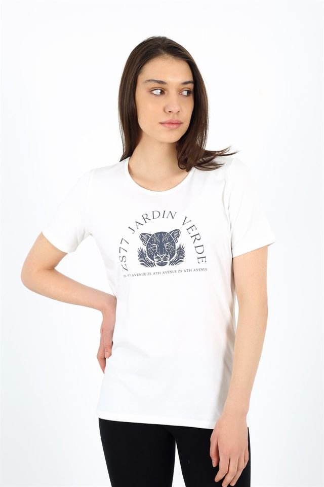 Baskılı Kısa Kollu T-shirt S - Beyaz - Lacivert
