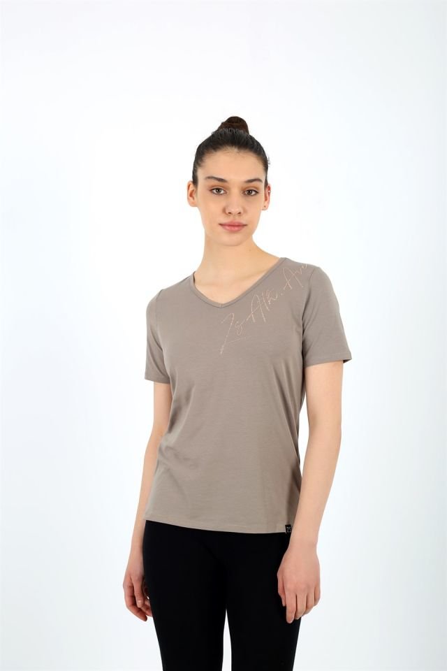 Koyu Bej V Yakalı Taş Detaylı Kısa Kollu T-shirt XL