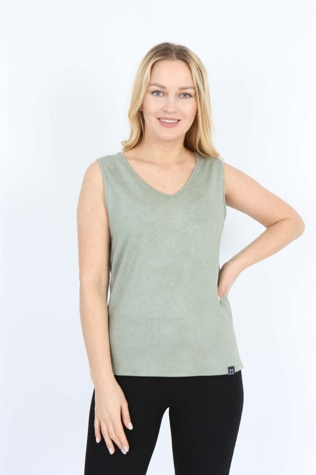 V Yaka Taşlanmış Deri Görünümlü Sıfır Kollu T-shirt L - Yeşil