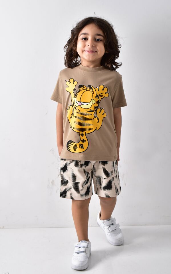 Erkek Çocuk Baskılı T-shirt Şort Takımı 9-10 Yaş - Kahverengi-Bej