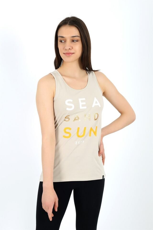 Sea Sand Sun Baskılı Sıfır Kollu T-shirt XL - Bej