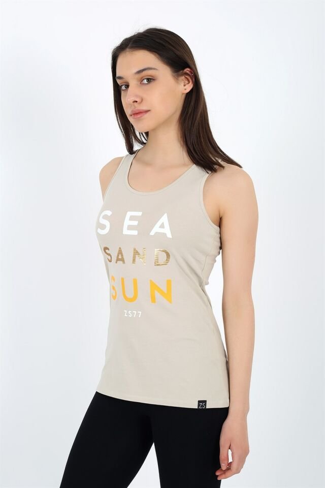 Sea Sand Sun Baskılı Sıfır Kollu T-shirt XL - Bej
