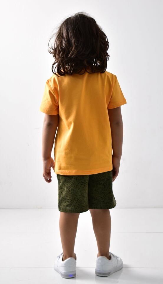 Erkek Çocuk Baskılı T-shirt Şort Takımı Açık Turuncu-Haki - 9-10 Yaş