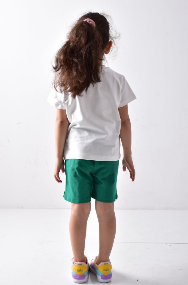 Kız Çocuk Baskılı T-shirt Şort-Etek Takımı Beyaz-Yeşil - 3-4 Yaş