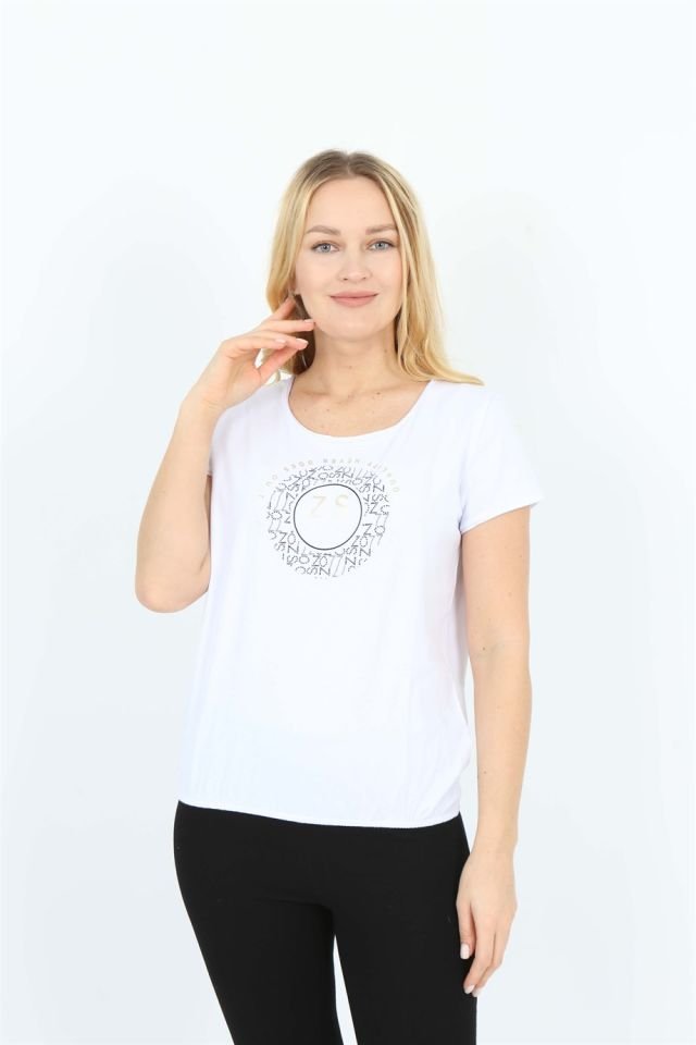 Beyaz Kısa Kollu Baskılı Oval Yaka Basic T-shirt S - Beyaz - Siyah