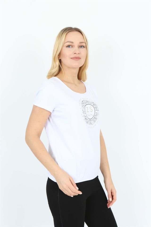 Beyaz Kısa Kollu Baskılı Oval Yaka Basic T-shirt S - Beyaz - Siyah