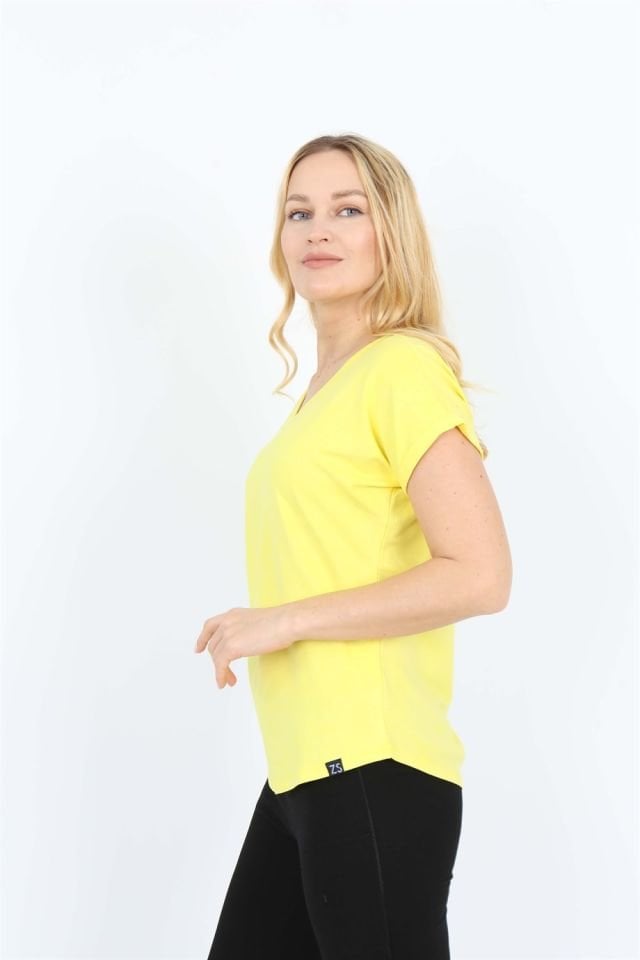 Sarı Kısa Kollu V Yaka Basic T-shirt S