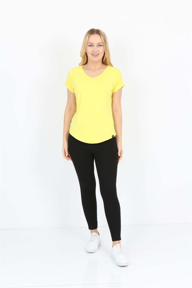 Sarı Kısa Kollu V Yaka Basic T-shirt S