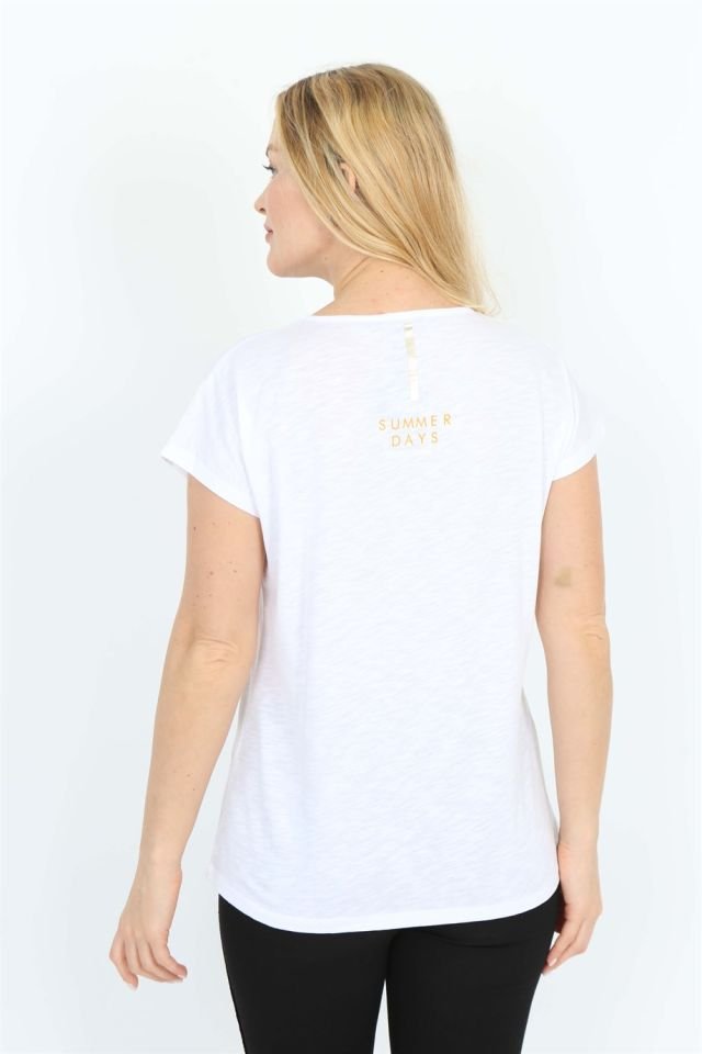 Kısa Kollu Baskılı V Yaka T-shirt XL - Beyaz - Turuncu