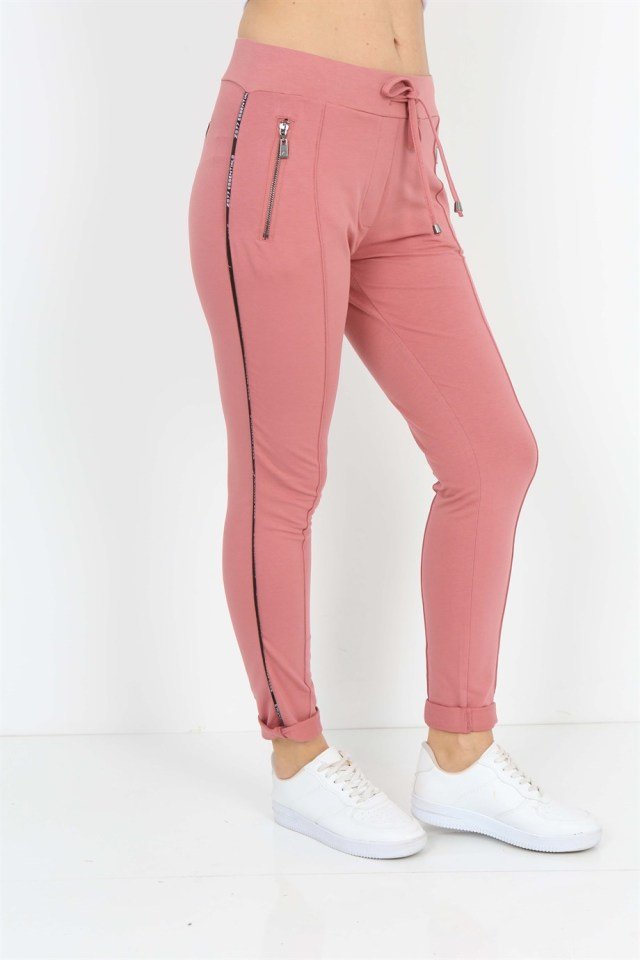 Fermuar Detaylı Cepli Spor Pantolon XL - Açık Gül