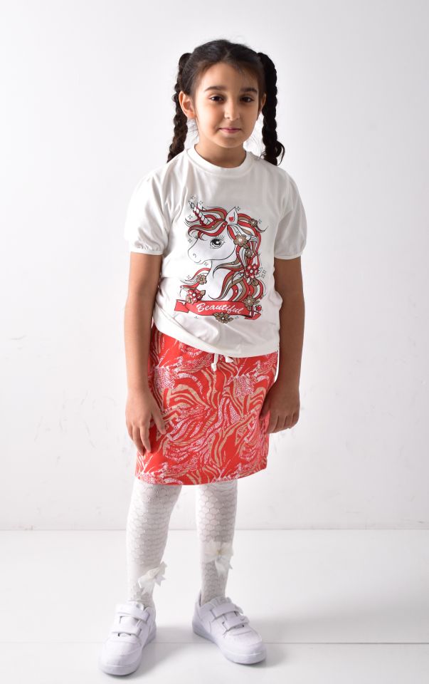 Kız Çocuk Baskılı T-shirt-Etek Takımı Beyaz-Turuncu - 9-10 Yaş